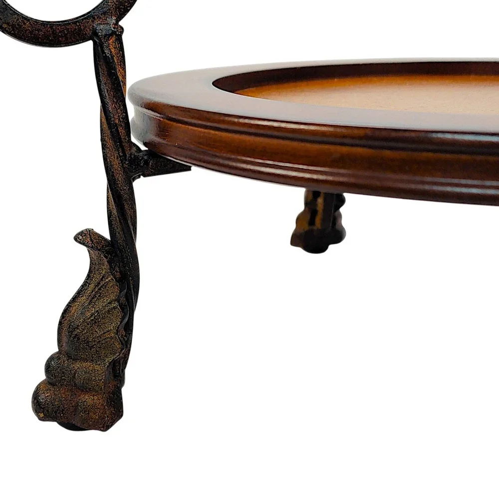 Vintage Wood Round Centerpiece Tray with Metal Handle